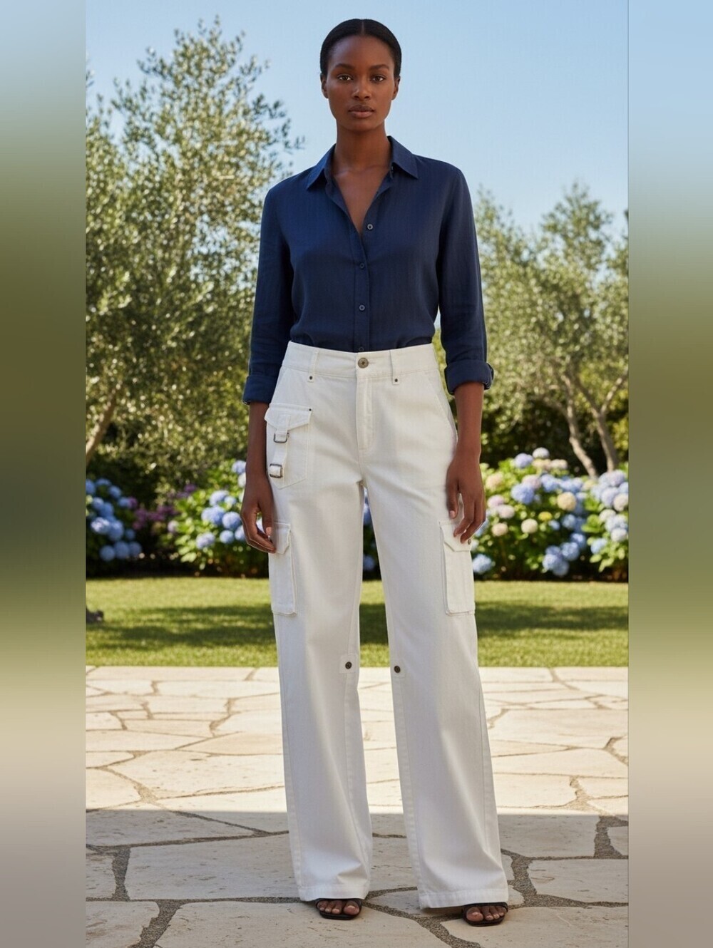 Newport News Y2K Vintage White Wide Leg Cargo Pants 100% Cotton Size 8